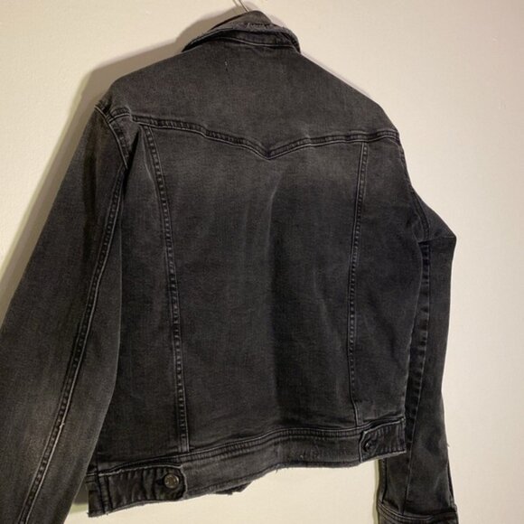 Zara Trucker Denim Jean Jacket Women's Large Distressed Black Gray Stretch - Picture 9 of 9